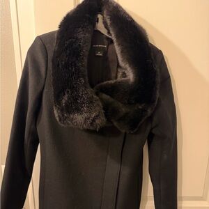Club Monaco Women's Elegant Black Pea Coat with Faux Fur Collar